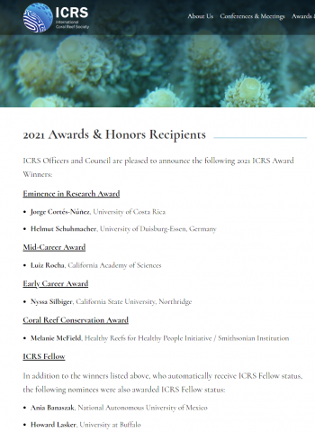 2021 Awards & Honors Recipients - International Coral Reef Society